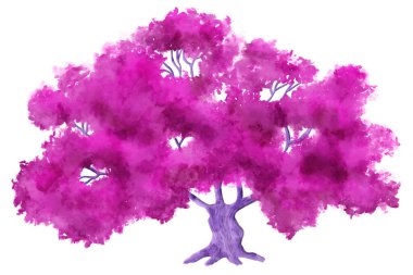 Beyaz arka planda elle boyanmış pembe fantezi ağacının suluboya çizimi 
