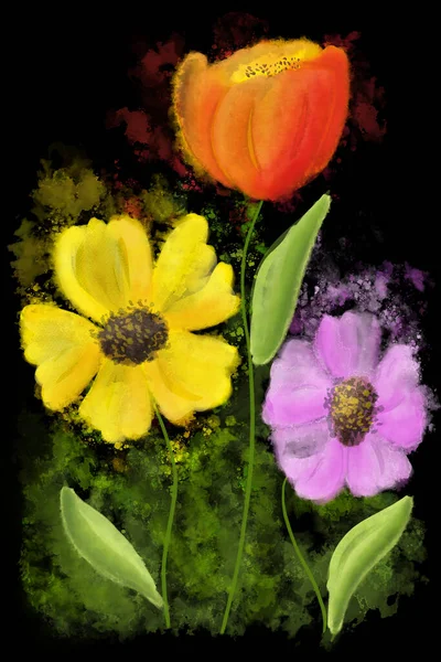 Ilustración Tres Flores Colores Acuarela Sobre Fondo Negro Fotos De Stock