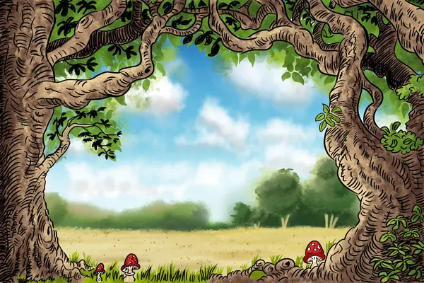 illustration of a frame formed by cartoon trees for copy space with landscape