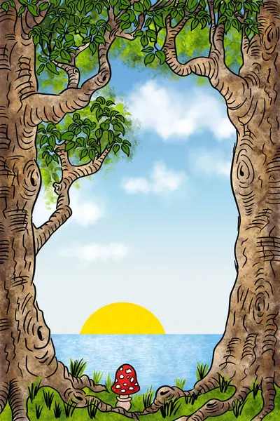 illustration of a frame formed by cartoon trees for copy space with sunset on the sea on the horizon