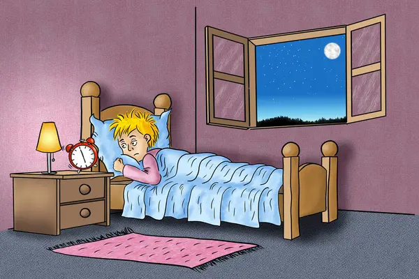 침대에 아침에 시계에 잠자는 남자의 손으로 그려진 스톡 이미지