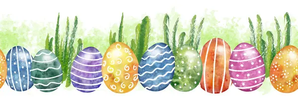 Разноцветные Пасхальные Яйца Ручной Работы Виде Горизонтального Бесшовного Рисунка Белом Стоковое Изображение