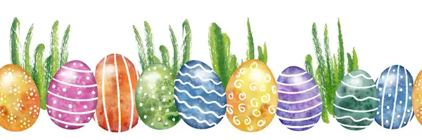 Χειροποίητα Πολύχρωμα Πασχαλινά Αυγά Ακουαρέλα Ένα Οριζόντιο Αδιάλειπτη Μοτίβο Λευκό Εικόνα Αρχείου