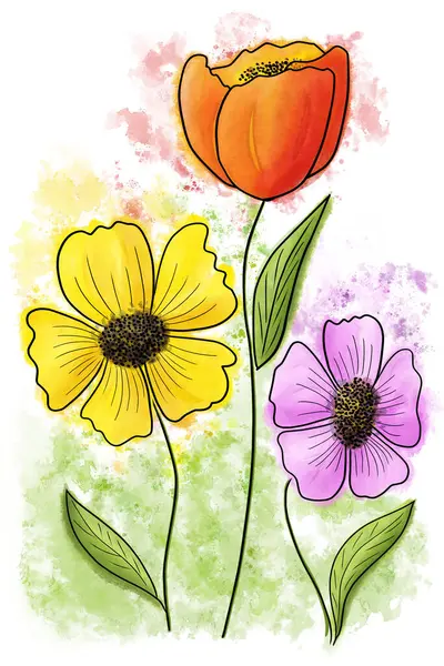 Illust Van Drie Kleurrijke Bloemen Aquarel Witte Achtergrond Rechtenvrije Stockafbeeldingen
