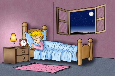 Yatağında yatan uykusuz adamın el çizimi ve sonunda uykuya daldı. 