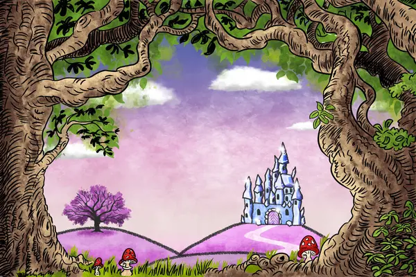Illustration Frame Formed Cartoon Trees Copy Space Fantasy Crystal Castle स्टॉक इमेज