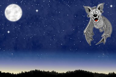 Bir el çizimi karikatür yarasası gece gökyüzünde fotokopi alanı ve yıldızlarla