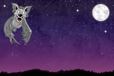 Bir el çizimi karikatür yarasası gece gökyüzünde fotokopi alanı ve yıldızlarla