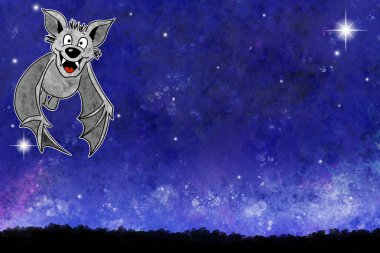 Bir el çizimi karikatür yarasası gece gökyüzünde fotokopi alanı ve yıldızlarla
