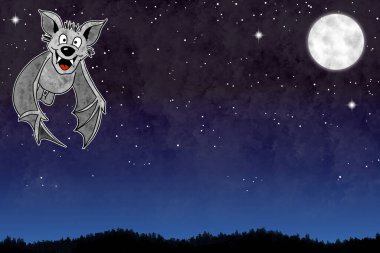 Bir el çizimi karikatür yarasası gece gökyüzünde fotokopi alanı ve yıldızlarla