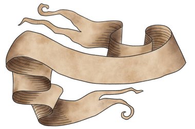 Kalem satırları ve suluboya ile beyaz arkaplan üzerinde metin alanı olan kahverengi parşömen çizimi