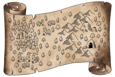 Beyaz zemin üzerinde ortaçağ haritası olan kalem çizgileri ve suluboya parşömen çizimi