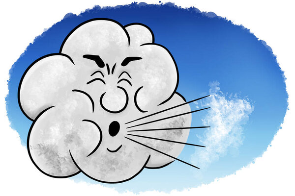 hand drawn illustration of a gray cartoon cloud blowing wind in blue sky 