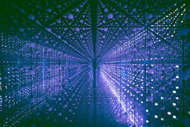 Soyut bir oda arkaplanındaki mavi nokta ışıkları perspektif deseni