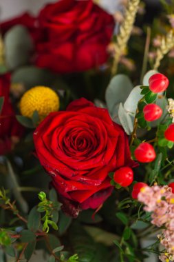 Çiçek açan kırmızı gül buketi.