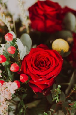 Çiçek açan kırmızı gül buketi.