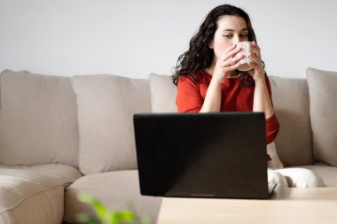 Genç bir kadın kahve içiyor ve yan bakıyor bilgisayar ekranı evdeki kanepede oturuyor. Ev kavramından çalışmak