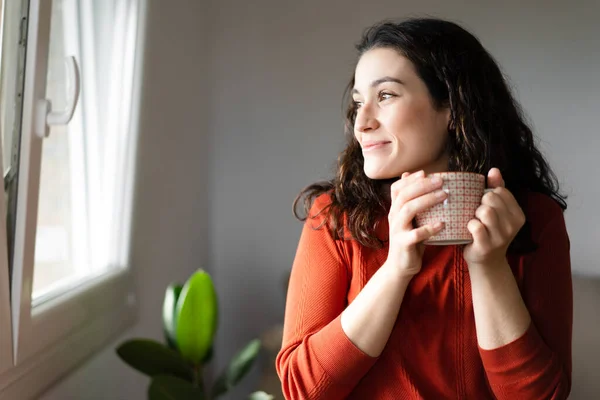 Young Happy Beautiful Woman Holding Cup Hot Drink Looking Trough — Stock Photo, Image