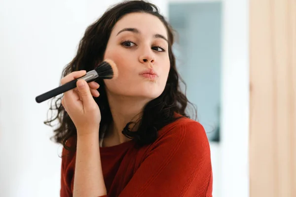 Young Woman Putting Funny Face While Applying Make Brush Front — Stock Photo, Image
