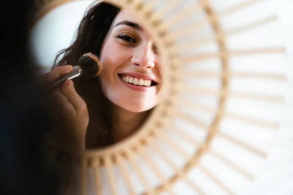 Young Happy Woman Smiling While Applying Make Brush Front Wooden — Stock Photo, Image