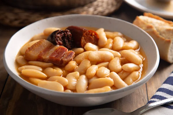 Spanish White Beans Stew Bacon Chorizo Blood Sausage — Stock Photo, Image