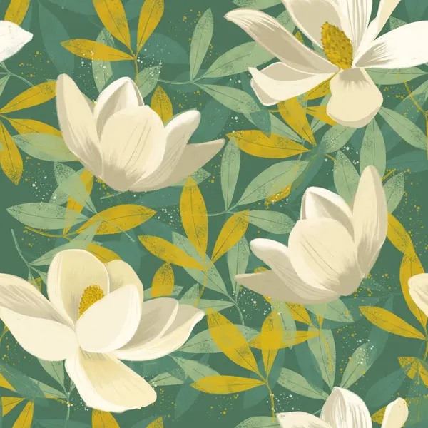 白いマグノリアの花と葉と暖かい色で手塗りシームレスな花柄 — ストック写真