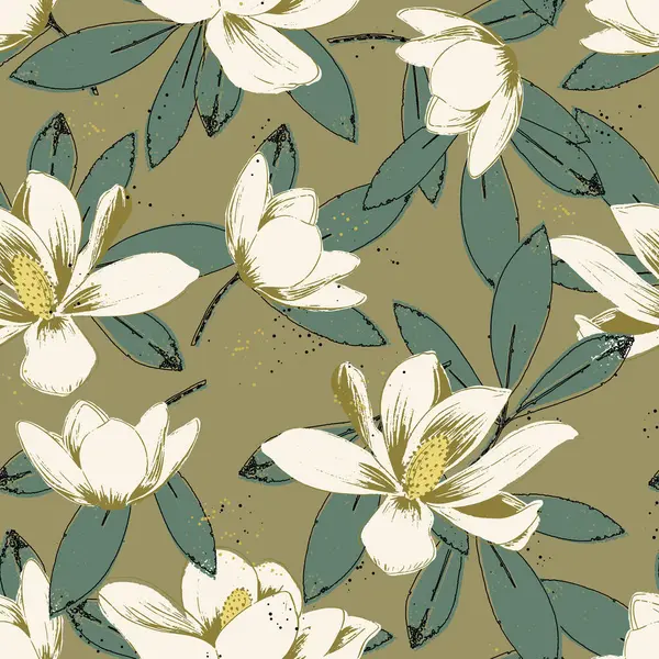 Patrón Floral Inconsútil Colores Cálidos Con Flores Hojas Magnolia Blanca — Archivo Imágenes Vectoriales
