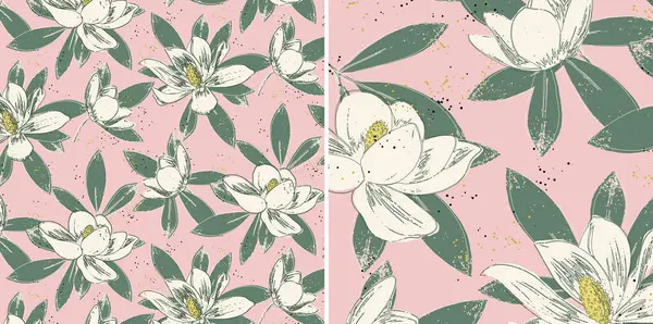 Бесшовный Узор Цветков Магнолии Зеленых Листьев Розовом Фоне Двух Размеров — стоковый вектор