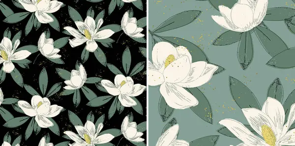 Nahtloses Muster Aus Weissen Magnolienblüten Und Grünen Blättern Auf Schwarzem — Stockvektor