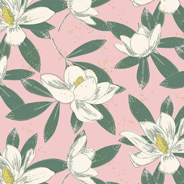 Nahtloses Muster Aus Weissen Magnolienblüten Und Grünen Blättern Auf Rosa — Stockvektor