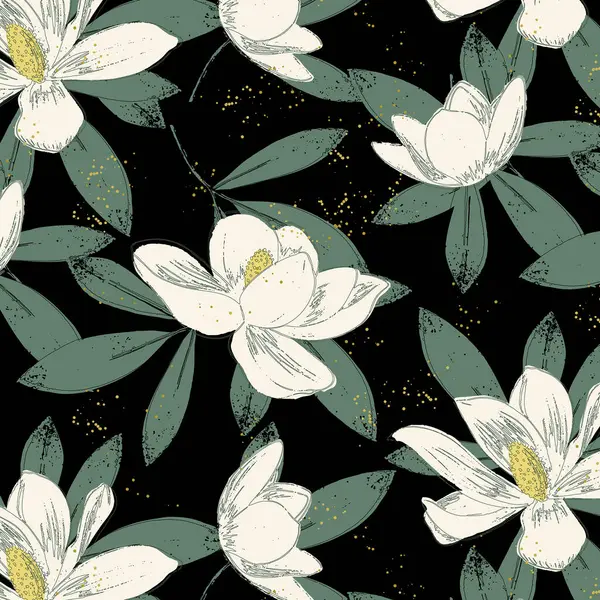 Patrón Sin Costuras Flores Magnolia Hojas Verdes Sobre Fondo Negro — Archivo Imágenes Vectoriales