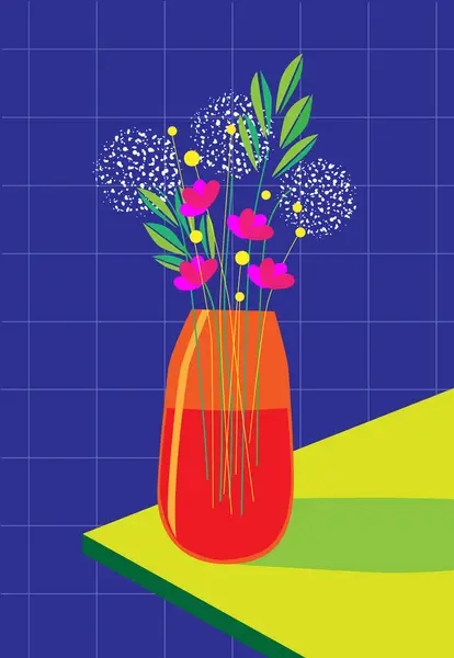 Decorative Vector Illustration Vase Flowers Table Home Bright Vivid Colors — Stock Vector