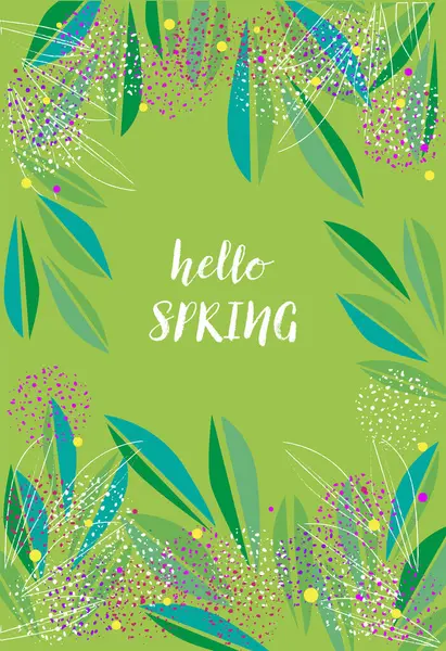 Green Background Floral Frame Hello Spring Text Middle — Stock Vector
