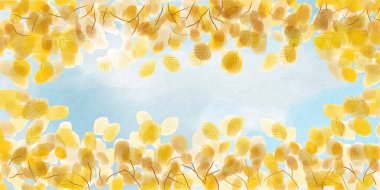 Sonbaharda mavi gökyüzüne karşı sarı kayın yapraklarının suluboya çizimi.. 