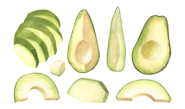 Aquarel Rijp Avocado Gesneden Stukken Handgetekende Illustratie Geïsoleerd Witte Achtergrond — Stockfoto