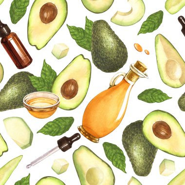 Dilimlenmiş avokado ve yağ şişesi avokadosunun dikişsiz suluboya deseni. Beyaz arka planda el çizimi bir illüstrasyon. Mükemmel yemek menüsü, sağlıklı yemek çizimi, tasarım paketi.
