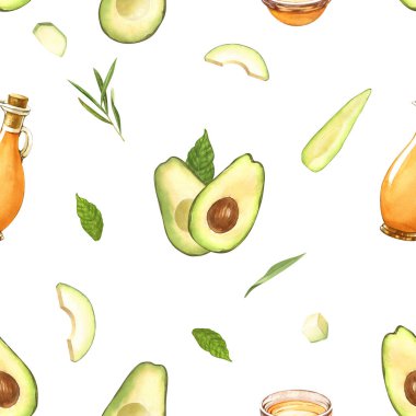 Dilimlenmiş avokado ve yağ şişesi avokadosunun dikişsiz suluboya deseni. Beyaz arka planda el çizimi bir illüstrasyon. Mükemmel yemek menüsü, sağlıklı yemek çizimi, tasarım paketi.