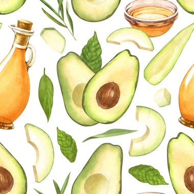 Dilimlenmiş avokado ve yağ şişesi avokadosunun dikişsiz suluboya deseni. Beyaz arka planda el çizimi bir illüstrasyon. Mükemmel yemek menüsü, sağlıklı yemek çizimi, tasarım paketi.