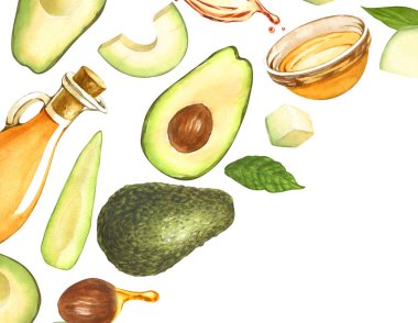 Suluboya çerçeve, olgun avokado ve cam kasede yağ, üst manzara. Beyaz arka planda el çizimi bir illüstrasyon. Mükemmel yemek menüsü, yemek çizimi, tasarım paketi, sağlıklı beslenme konsepti..