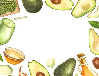 Suluboya çerçeve, olgun avokado ve cam kasede yağ, üst manzara. Beyaz arka planda el çizimi bir illüstrasyon. Mükemmel yemek menüsü, yemek çizimi, tasarım paketi, sağlıklı beslenme konsepti..