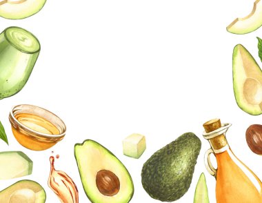 Suluboya çerçeve, olgun avokado ve cam kasede yağ, üst manzara. Beyaz arka planda el çizimi bir illüstrasyon. Mükemmel yemek menüsü, yemek çizimi, tasarım paketi, sağlıklı beslenme konsepti..