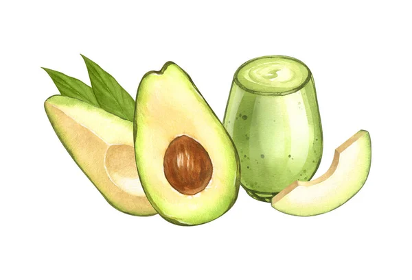 Akvarell Avokado Smoothie Avokado Glasburk Med Ingredienser Och Mogen Avokado — Stockfoto