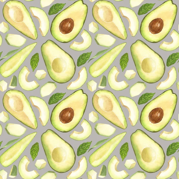 Aquarel Naadloos Patroon Van Vers Geheel Gesneden Avocado Handgetekende Illustratie — Stockfoto