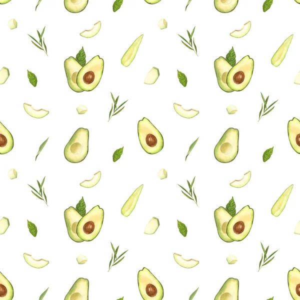 Aquarel Naadloos Patroon Van Vers Geheel Gesneden Avocado Handgetekende Illustratie — Stockfoto