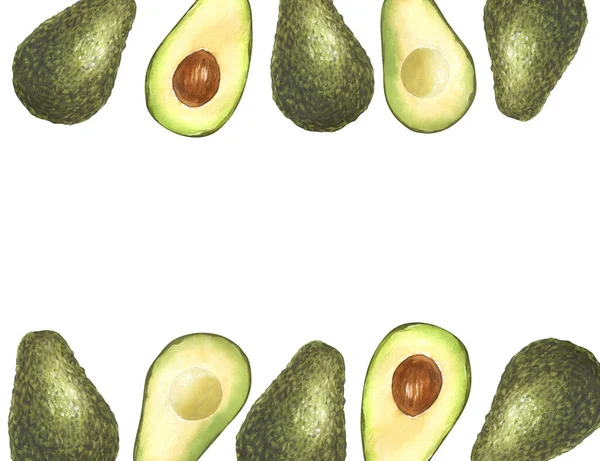 Aquarellrahmen Reife Avocado Und Halbiert Avocado Handgezeichnete Illustration Isoliert Auf — Stockfoto
