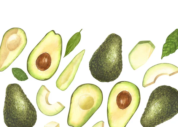 Aquarel Frame Rijpe Avocado Halveert Avocado Handgetekende Illustratie Geïsoleerd Witte — Stockfoto