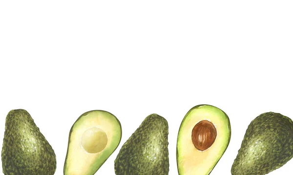 Aquarellrahmen Reife Avocado Und Halbiert Avocado Handgezeichnete Illustration Isoliert Auf — Stockfoto