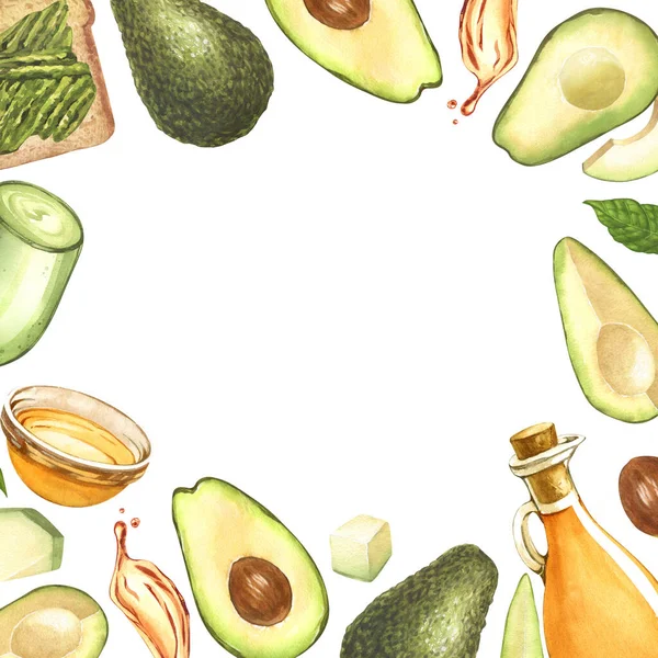水彩框架 成熟鳄梨和油在玻璃碗 顶部视图 在白色背景上孤立的手绘插图 完美的食物菜单 食物绘图 设计包装 健康饮食理念 — 图库照片