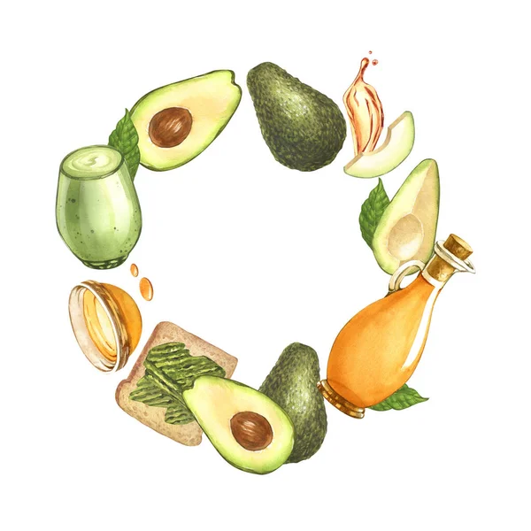 Aquarel Rond Frame Rijpe Avocado Olie Glazen Schaal Handgetekende Illustratie — Stockfoto