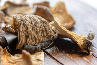 Çeşitli boyut ve dokulara sahip çeşitli kurutulmuş mantar çeşitleri koyu bir kereste zeminine yayılır. Ayrıntılı yakın çekim. 